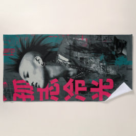 Punk-Porträt mit Kanji 孤志冷光 – urbane Street Art Strandtuch