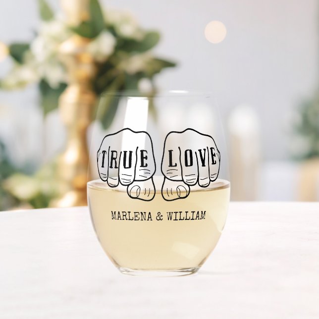 Punk Rock Tattoo Hands Wahre Liebe Personalisiert Weinglas Ohne Stiel (Insitu (Hochzeit))