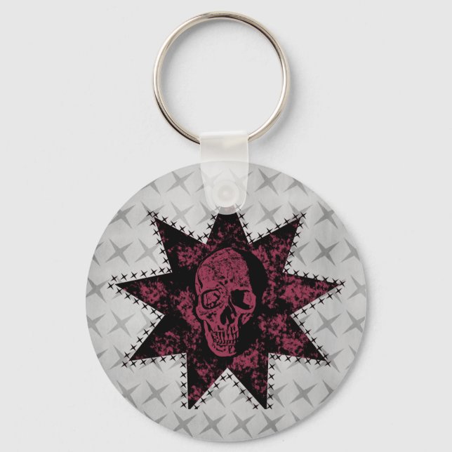 Punk Skull Schlüsselanhänger (Dunkelrosa) (Vorderseite)