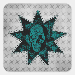 Punk Skull Square Sticker, Schwarz und Aquamarin Quadratischer Aufkleber