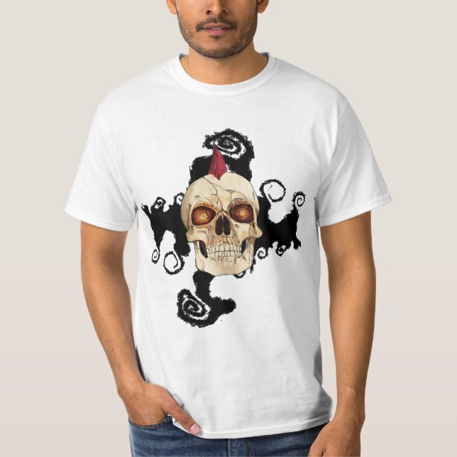 Punkrock-gotischer Schädel mit rotem Mohikaner T-Shirt (Vorderseite)
