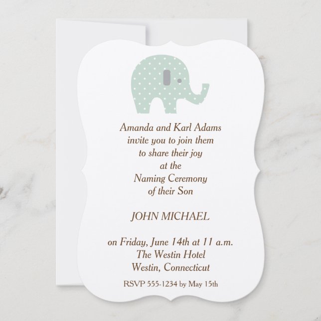 Punkt Elephant Baby Boy Namemony Einladung (Vorderseite)