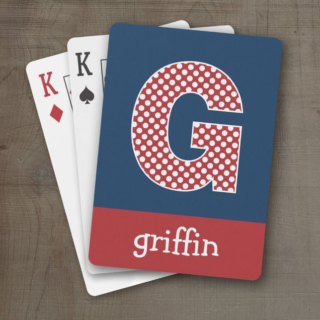 Punkte für Marine und Red Polka mit Monogram Lette Spielkarten (Personalized Playing Cards - Huge Monogram)