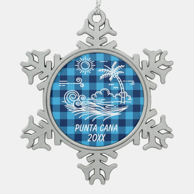 Punta Cana auf Blue Buffalo Karo Weihnachten Schneeflocken Zinn-Ornament (Vorderseite)