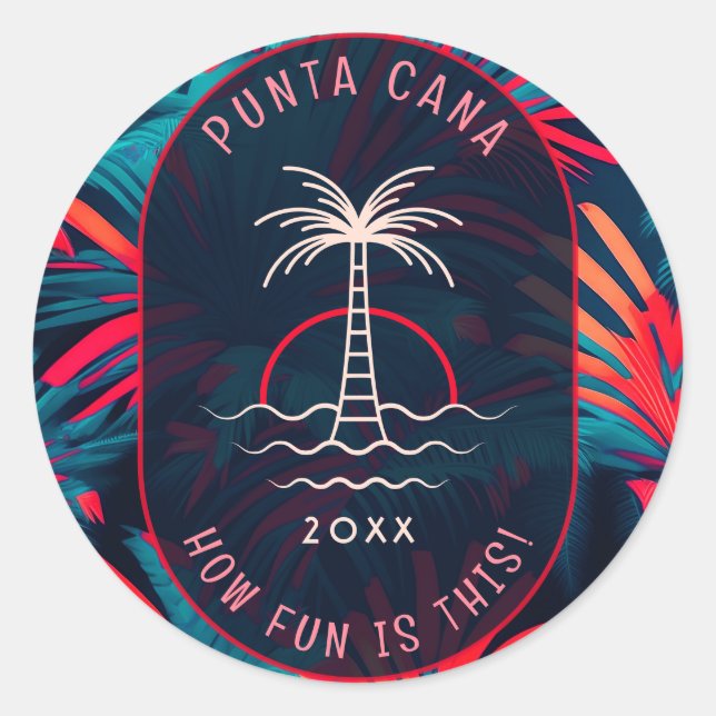 Punta Cana Beach Party Palm Blätter Sonnenuntergan Runder Aufkleber (Vorderseite)