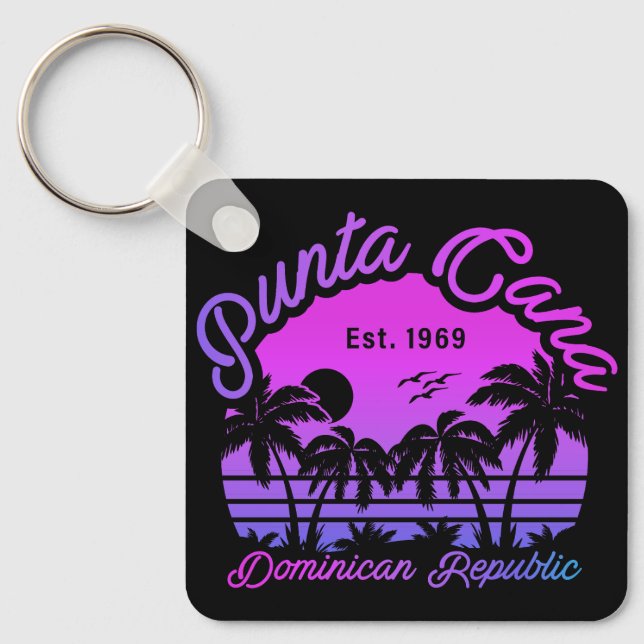 Punta Cana Dominican Palm Tree Retro Sunset 80er Schlüsselanhänger (Vorderseite)