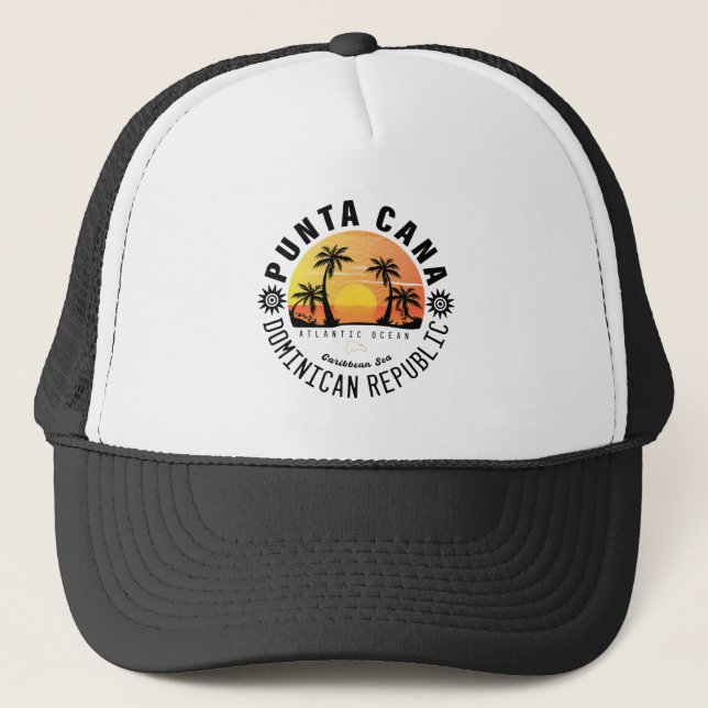 Punta Cana Dominican Retro Sunset Souvenir 60er Truckerkappe (Vorderseite)