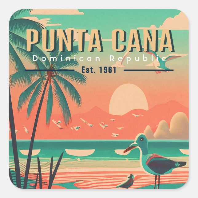 Punta Cana DR. Retro Seagull Souvenir 1950er Quadratischer Aufkleber (Vorderseite)