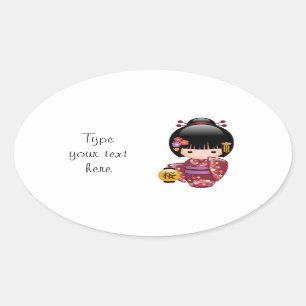Puppe Kirschblütes Kokeshi - Geisha-Mädchen auf Ovaler Aufkleber