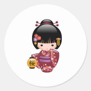 Puppe Kirschblütes Kokeshi - Geisha-Mädchen auf Runder Aufkleber