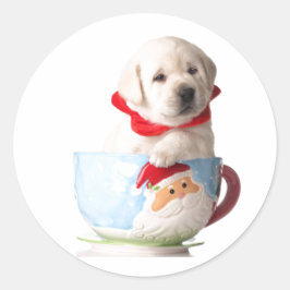 PUPPIEREN IN EINEM CUP CHRISTMAS CARD-UMSCHLAG AUF RUNDER AUFKLEBER