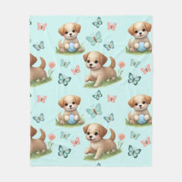 Puppies and Butterflies on Blue Fleecedecke