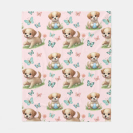 Puppies and Butterflies Pattern Blanket Fleecedecke