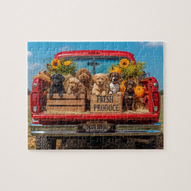 Puppies Red Truck Sunflowers Fall Harvest (Horizontal)