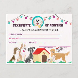 Puppy Adoption Certificate for a Pet Einladung Po