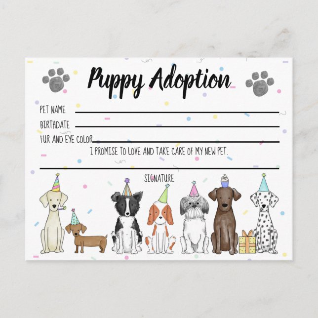 Puppy-Adoption-Karte für Gastgeschenk Postkarte (Vorderseite)