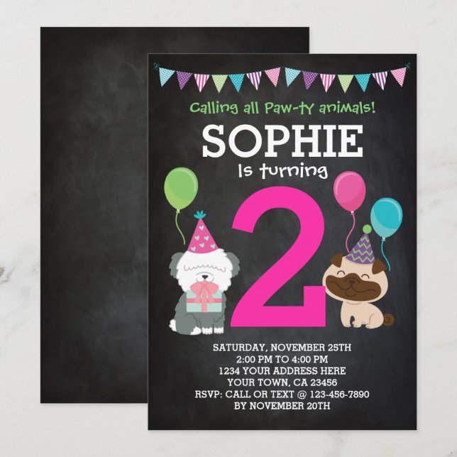 Puppy Birthday Invitation pour filles, tableau noi (Devant / Derrière)