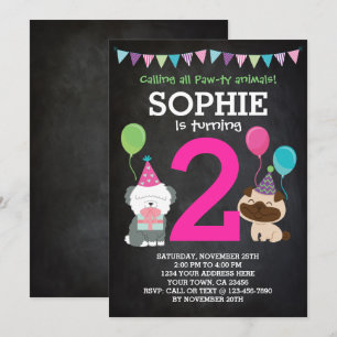 Puppy Birthday Invitation pour filles, tableau noi