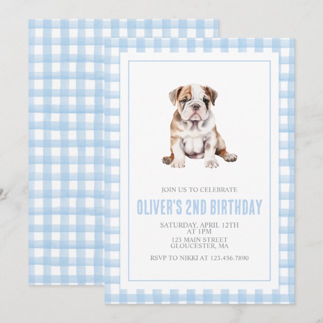 Puppy bulldog preppy plaid birthday einladung (Vorne/Hinten)