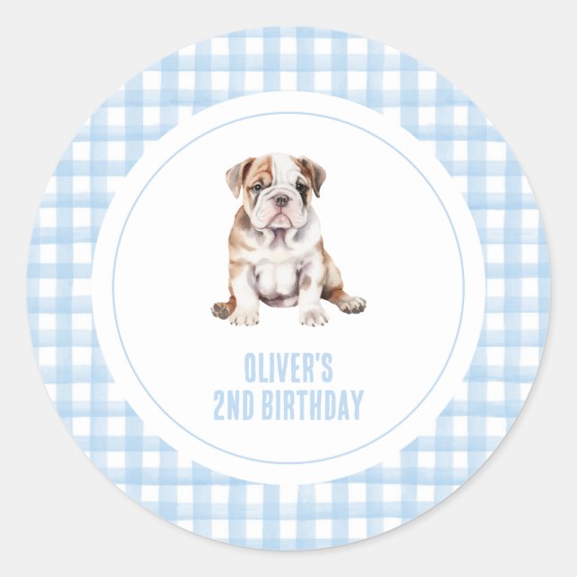 Puppy bulldog preppy plaid birthday runder aufkleber (Vorderseite)