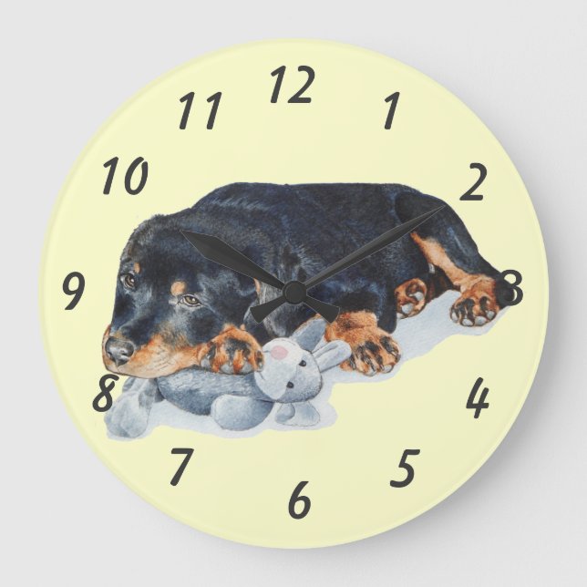 puppy cuddling teddy bear rottweiler dog wristwatc große wanduhr (Vorderseite)