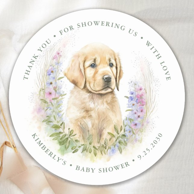 Puppy Dog Modern Sage Green Baby Dusche Vielen Dan Runder Aufkleber (Von Creator hochgeladen)