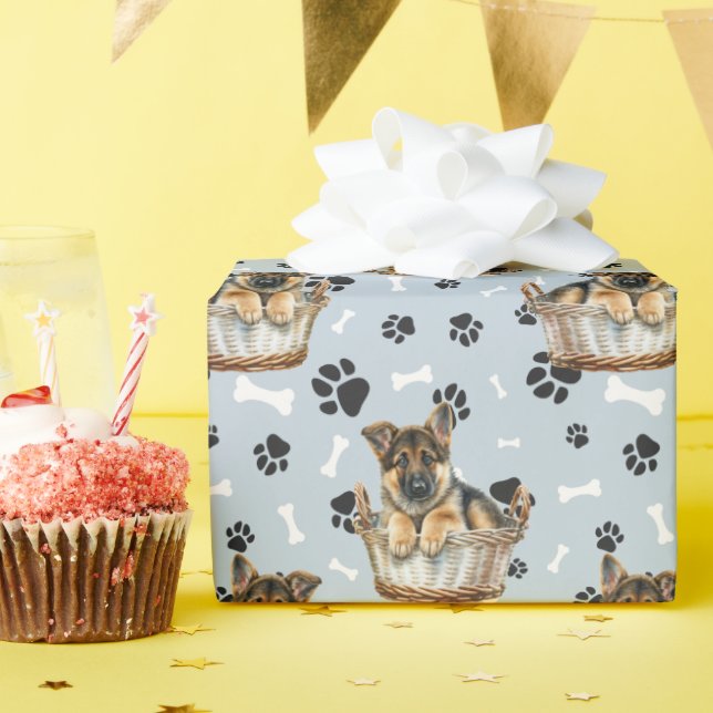 Puppy in Basket Paw Print Geschenkpapier (Geburtstagsparty)