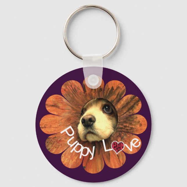 Puppy-Liebe-Peeking aus einer Blume Schlüsselanhänger (Vorderseite)