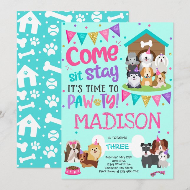 Puppy Party Invitation Pink Doggy Anniversaire Paw (Devant / Derrière)