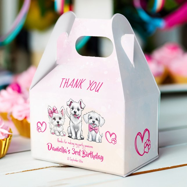 Puppy pawly niedliche Pink Welpen-Vorlage Geschenkschachtel (Puppy lets pawty favors cute white puppies with pink bows favor box template dog thank you favors)