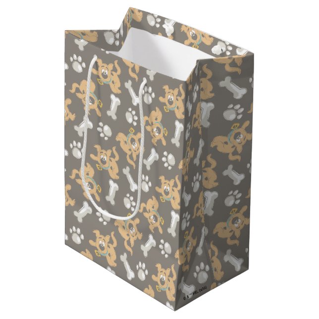Puppy Scooby Doo Bone & Paw Print Pattern Mittlere Geschenktüte (Vorderseite Schrägansicht)