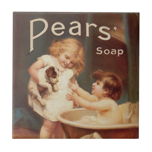 Puppy Taking A Bath Vintage Antique Fliese (Vorderseite)