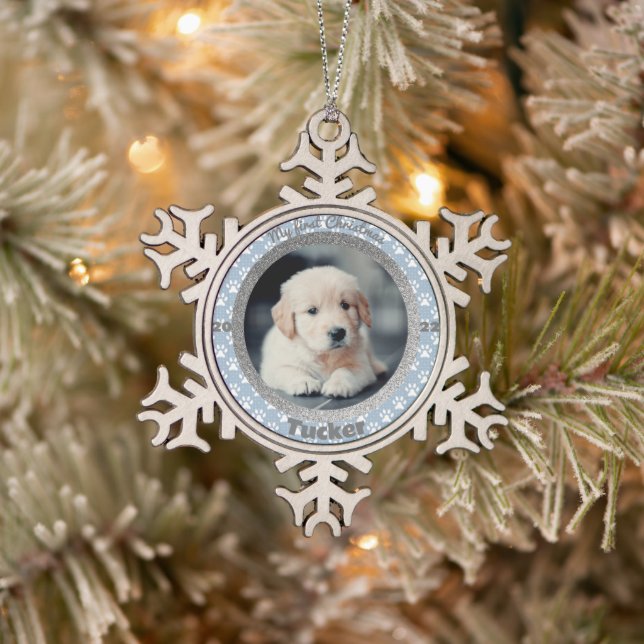 Puppy's First Christmas Foto Blue Paw Print Schneeflocken Zinn-Ornament (Baum)