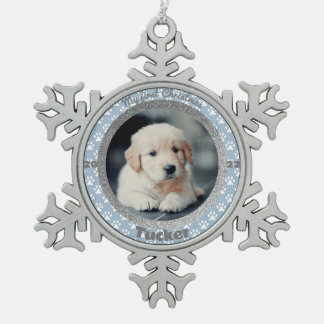 Puppy's First Christmas Foto Blue Paw Print Schneeflocken Zinn-Ornament