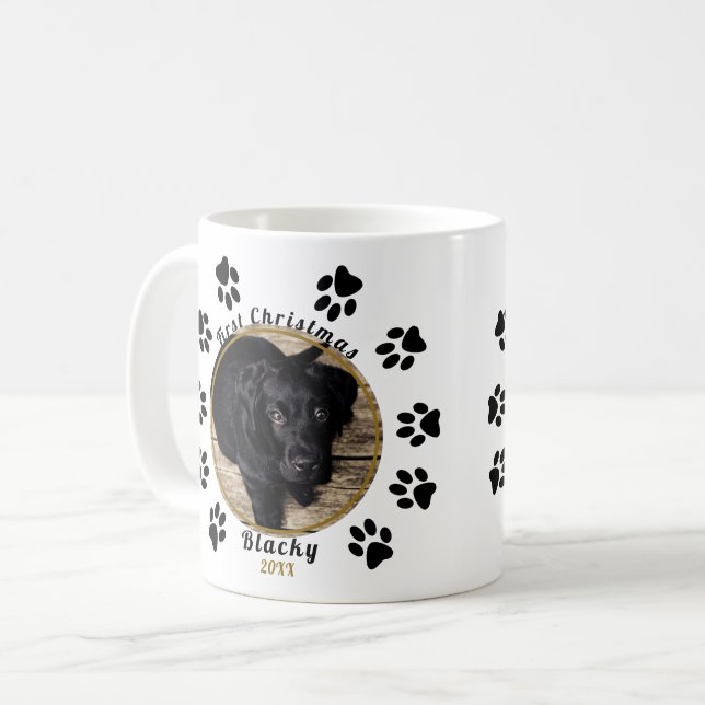 Puppy's First Christmas Paw Print Dog Foto Kaffeetasse (Vorderseite Links)