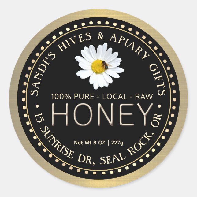 PURE LOCAL RAW HONEY schwarzes Gold mit Bienenblüt Runder Aufkleber (Vorderseite)