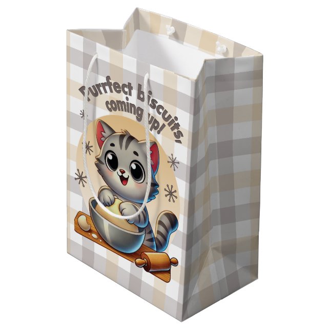"Purfect biscuits, kommend" Katzenkuppe Mittlere Geschenktüte (Rückseite Schrägansicht)