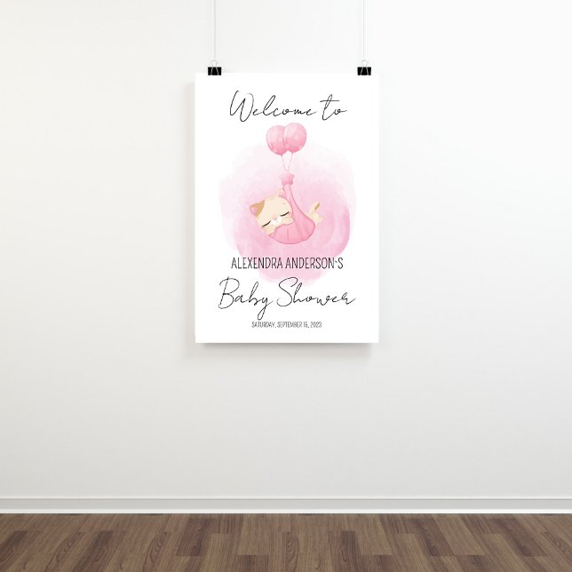 Purfect kitty pink Aquarell Babydusche Willkommen Poster (Welcome sing for cat theme baby girl shower as a party decoration.)