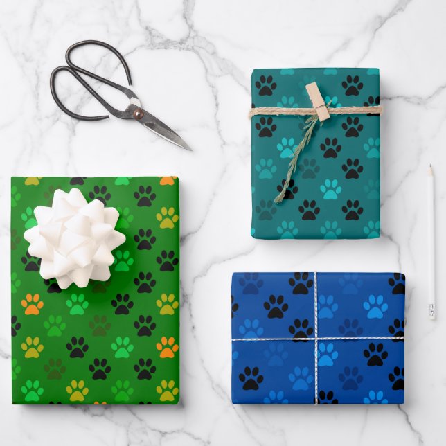 Purfect Pet Paw Prints in grün blau Geschenkpapier Set (Vorderseite)