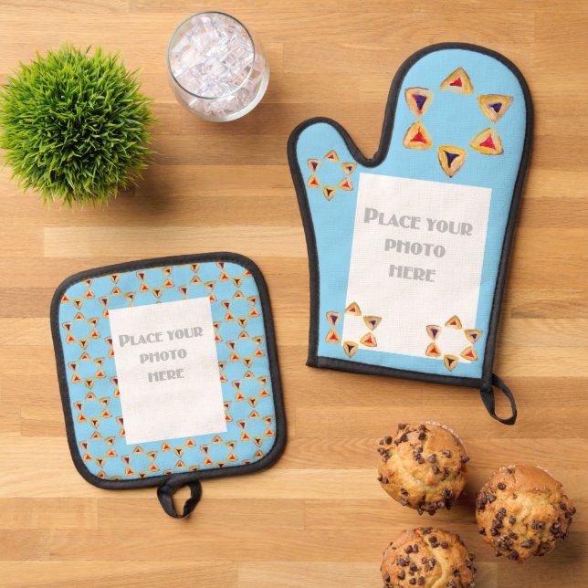 Purim Hamantaschen Foto Blue Background Ofenhandschuh & Topflappen-Set (Oben Unten)