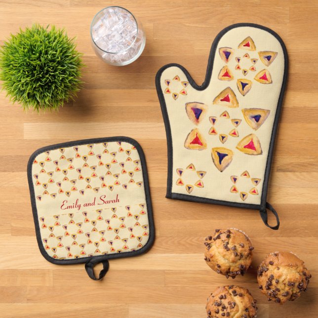 Purim Hamantaschen Personalizable Ofenhandschuh & Topflappen-Set (Oben Unten)