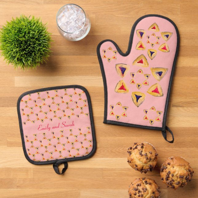 Purim Hamantaschen Personalizable Rosé Ofenhandschuh & Topflappen-Set (Oben Unten)