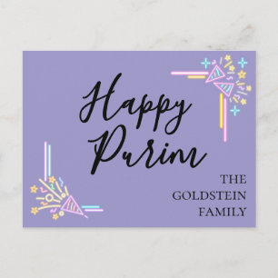 Purim Lila Neon-Partyhut Mishloach Manot Name Postkarte