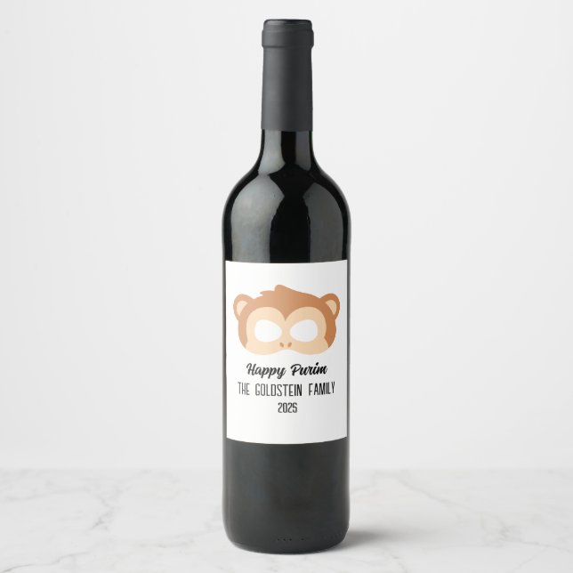 Purim Monkey Maskerade Kostüm Weinetikett (Vorderseite)