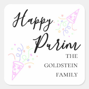 Purim-Neon-Partyhut Mishloach Manot Name Quadratischer Aufkleber