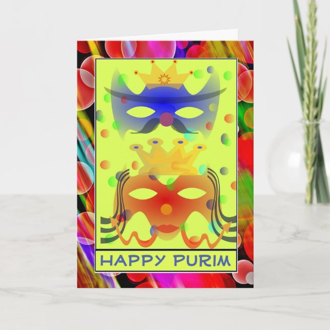 Purim Queen King maskiert farbenprächtige Gegenwar Karte (Vorderseite)