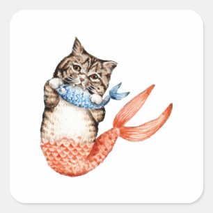 Purmaid Cat Mermaid Quadratischer Aufkleber