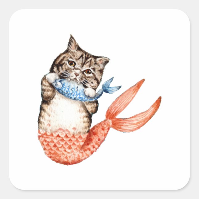 Purmaid Cat Mermaid Quadratischer Aufkleber (Vorderseite)