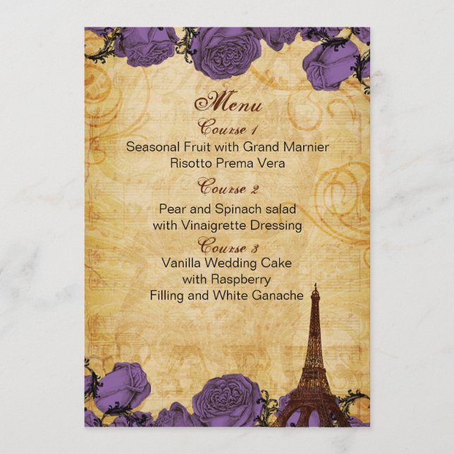 Purp Vintag eiffelturm Paris Hochzeitskarte Menükarte (Vorderseite)