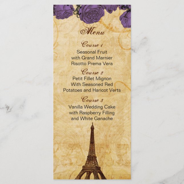 Purp Vintag eiffelturm Paris Hochzeitskarte Menükarte (Vorderseite)